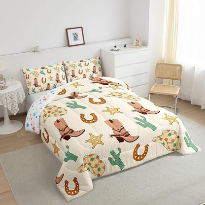 Feelyou Western Decor Bedding Set Toddler Size Wild Western Cowboy Comforter Set for Kids Boys Girls Decor Cowboy Boots Cowboy Hat Horseshoe Cactus Comforter Yellow Duvet Set
