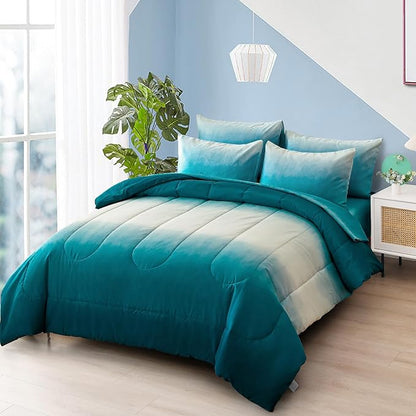 Anibedding Teal Comforter Set Queen 7 Pieces Gradient Teal Bed in a Bag Queen Size Set, All Season Down Alternative Complete Bedding Set Flat/Fitted Sheet, Pillowcases Pillow Shams