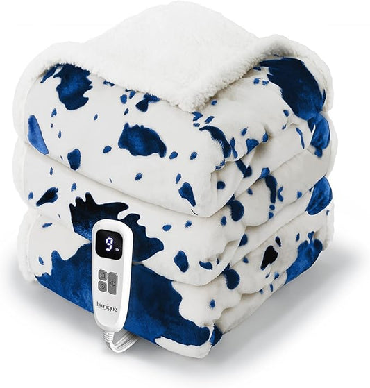 Cow Print Heated Blanket Twin-Heating Electric Blanket Twin with 10 Heat Levels & 10 Hours Auto-Off, Cozy Soft Fleece Sherpa, Washable, 62 x 84 Inche Cow Print Blue