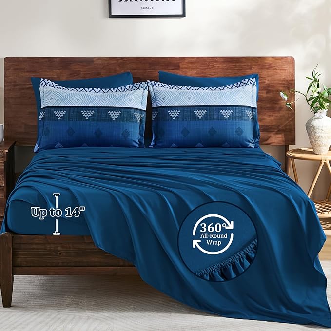 Xruibed Blue Queen Comforter Set 7 Pieces, Blue Boho Striped Bed in a Bag Queen Size Soft Microfiber All Season Bedding Set with Comforter, Sheets, Pillowcases & Shams(90"×90")