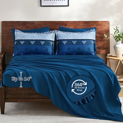 Xruibed Blue Queen Comforter Set 7 Pieces, Blue Boho Striped Bed in a Bag Queen Size Soft Microfiber All Season Bedding Set with Comforter, Sheets, Pillowcases & Shams(90"×90")