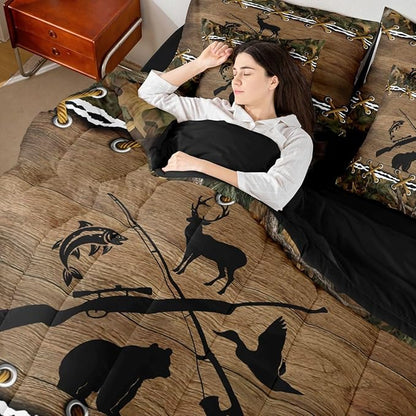 Hunting Comforter Set Full Size Bed Sheets and Comforter Set | Bass Fish Duck Bear Deer 7 Piece Bedding Sets Camo Country Fishing Bed in a Bag, Farmhouse Woodland Animals Room Decor,Rustic Cabin Decor