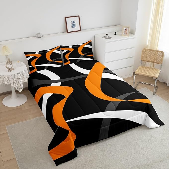 Erosebridal Abstract Black Orange Bedding Comforter Sets Dark Grey White Striped Bedding Set Queen Geometric Stripes Down Comforter for Kids Boys Adults Men Modern Fashion Quilt Duvet