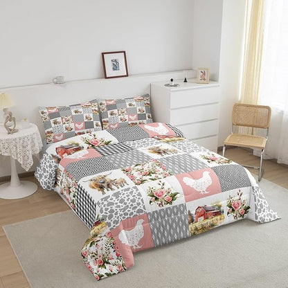 Farmhouse Barn Comforter Set Twin Size,Chicken Highland Cow Flowers Grid Bedding Set for Kids Boys Men,Rustic Pink Patchwork Geometric Quilted Duvet Set with 1 Pillowcase