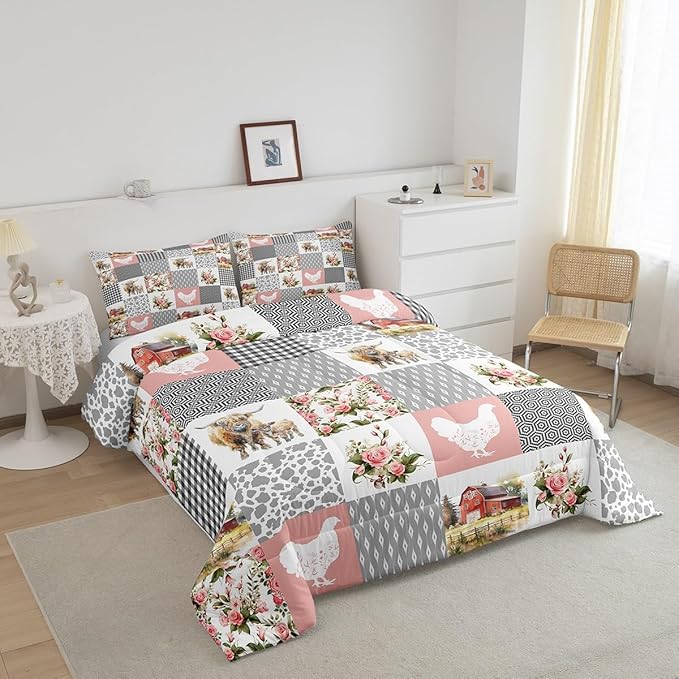 Farmhouse Barn Full Size Comforter Set,Chicken Highland Cow Flowers Grid Bedding Comforters Bedroom Collection,Rustic Pink Patchwork Geometric Bedding Set for Girls Teens
