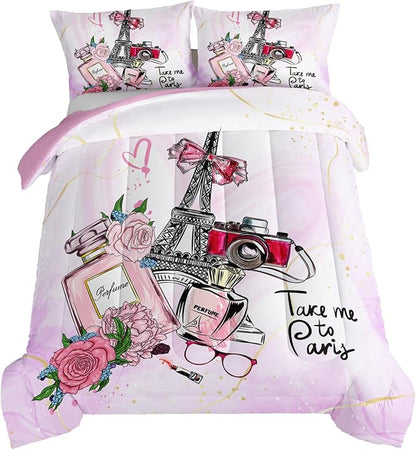 HOSIMA Pink Paris Bedroom Comforter Set,French Eiffel Tower Bedding Sets Romantic Paris Decor for Bedroom,Paris Bedding Sets for Girls Women Room Decor Fluffy Comforter Queen Size with 2Pillowcases.