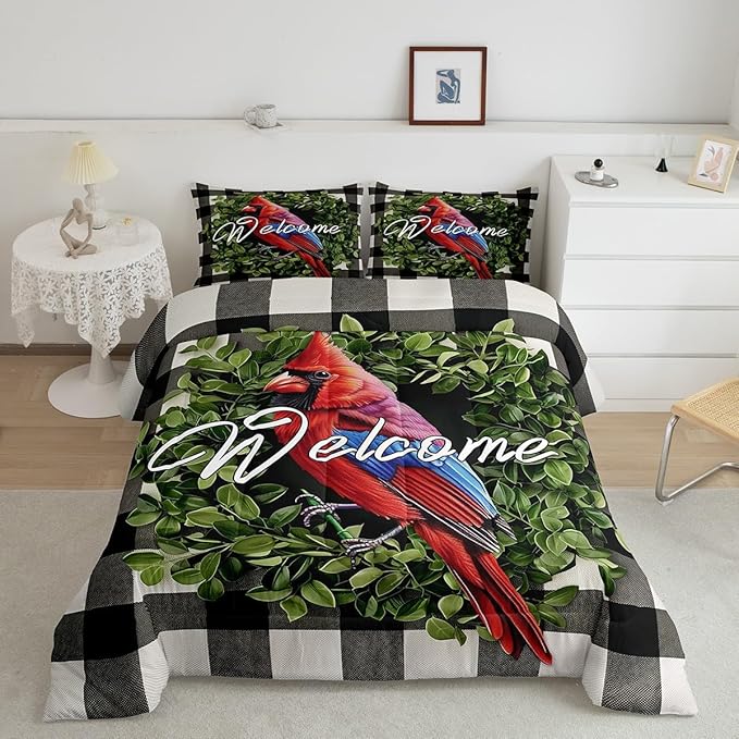 Erosebridal Red Cardinal Comforter Garden Botanical Plant Bedding Set Full Rustic Farmhouse Black White Buffalo Plaid Comforter Set for Kids Adults Nature Country Quilt Duvet Soft Lightweight