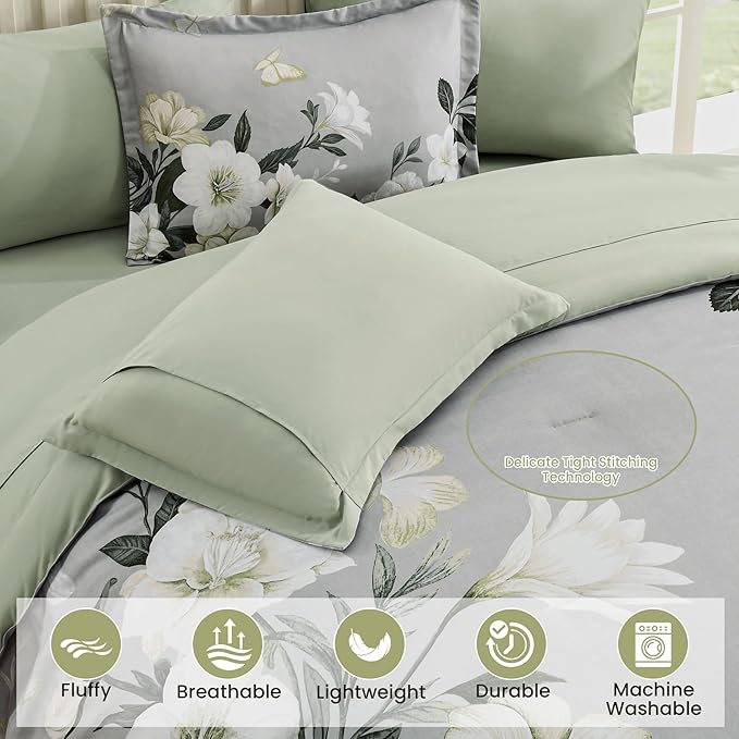 Floral Comforter Set Queen Size,7 Piece Sage Green Bed in a Bag, Elegant Flower Pattern Comforter Set with Sheet, Soft Microfiber Complete Bedding Sets for All Season