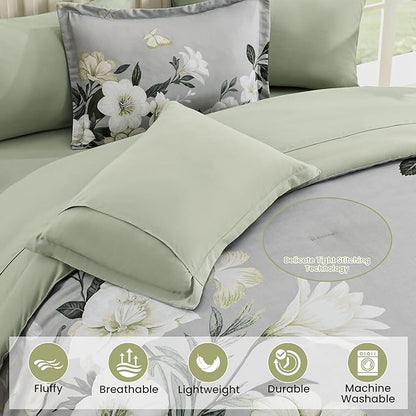Floral Comforter Set Queen Size,7 Piece Sage Green Bed in a Bag, Elegant Flower Pattern Comforter Set with Sheet, Soft Microfiber Complete Bedding Sets for All Season