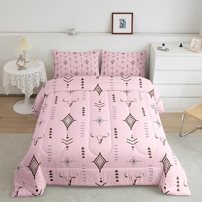 Feelyou Pink Western Bull Skull Comforter Set Boho Ethnic Horns Queen Size Bedding Set Kids Adult Tribal Symbol Mysterious Aztec Comforter Soft