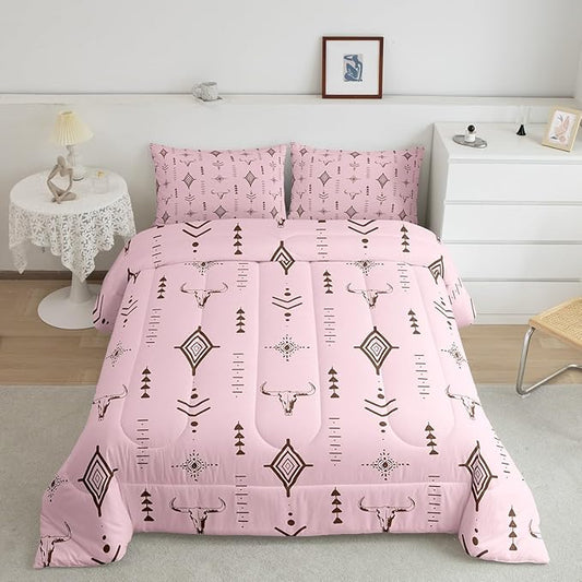 Feelyou Pink Western Bull Skull Comforter Set Boho Ethnic Horns Queen Size Bedding Set Kids Adult Tribal Symbol Mysterious Aztec Comforter Soft