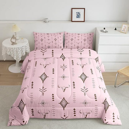 Feelyou Pink Western Bull Skull Comforter Set Boho Ethnic Horns Full Size Bedding Set Kids Adult Tribal Symbol Mysterious Aztec Comforter Soft