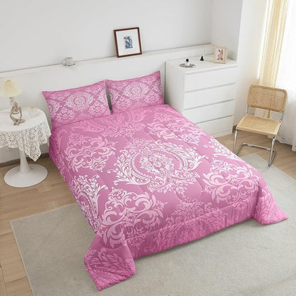 Feelyou Adults Pink Vintage Damask Floral Comforter Set Oriental Antique Comforter Queen Size Gothic Bohemia Boho Floral Bedding Set Bohemian Exotic Duvet Set Quilt Set 3Pcs