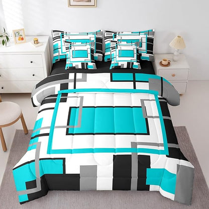 Erosebridal 7Pcs Teal Black White Geometric Abstract Full Size Comforter Set,Modern Square Striped Bed in A Bag,Boho Bedding,Minimalist Contemporary Art Aesthetic Quilt Set with Pillowcases