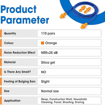AZEN 110 Pairs Silicone Ear Plugs, Reusable Earplugs for Noise Reduction, 25dB NRR Corded Ear Plug for Sleeping Noise Cancelling, Ear Plug with String Individual Packing