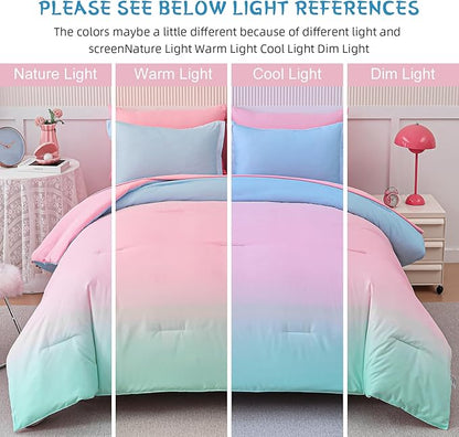 Drucon Comforter Set Twin for Teen Girl & Women, 6 Pieces Bed in A Bag Gradient Pink Green Bedding Set (1 Comforter, 1 Flat Sheet, 1 Fitted Sheet, 1 Pillow sham, 2 Pillowcases)