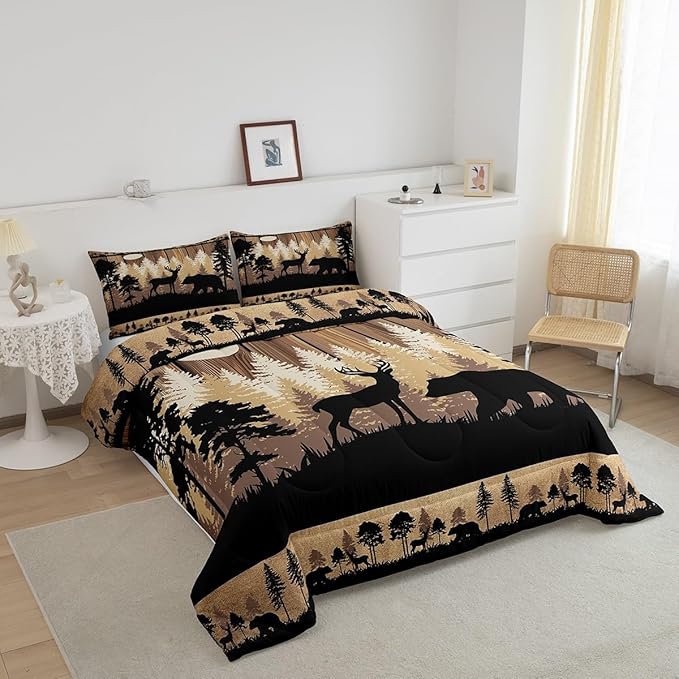 Feelyou Rustic Bear Deer Comforter Set Queen Size, Wildlife Hunting Theme Quilt Set with 2 Pillowcases, Wild Animal Bedding Set 3Pcs for Kids Boys Teens Room Decor, Wooden Board Duvet Insert