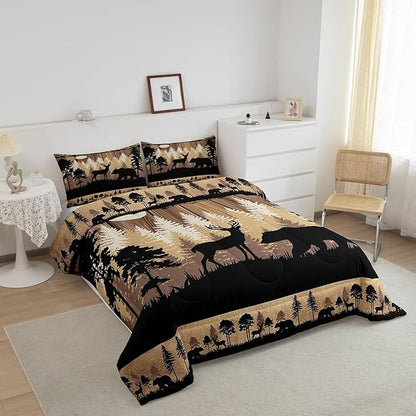 Feelyou Rustic Bear Deer Comforter Set Full Size, Wildlife Hunting Theme Quilt Set with 2 Pillowcases, Wild Animal Bedding Set 3Pcs for Kids Boys Teens Room Decor, Wooden Board Duvet Insert