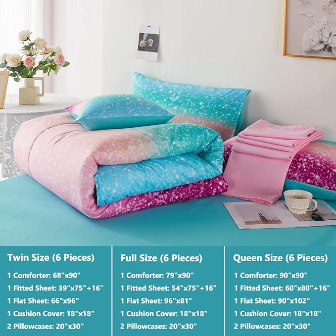 PERFEMET 6Pcs Teal Purple Comforter Set Twin Size, Tie Dye Rainbow Glitter Bed in A Bag, Gradient Pastel Ombre Sparkle Bedding Set for Kids Teens Girls (Blue Teal Purple, Twin)