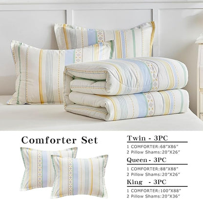 Joyreap 3pcs Cotton Comforter Set Queen, Stripes Boho Blue Yellow Beige Design, Soft Cozy Lightweight Bedding Comforter Set for All Seasons- 88x88 inches