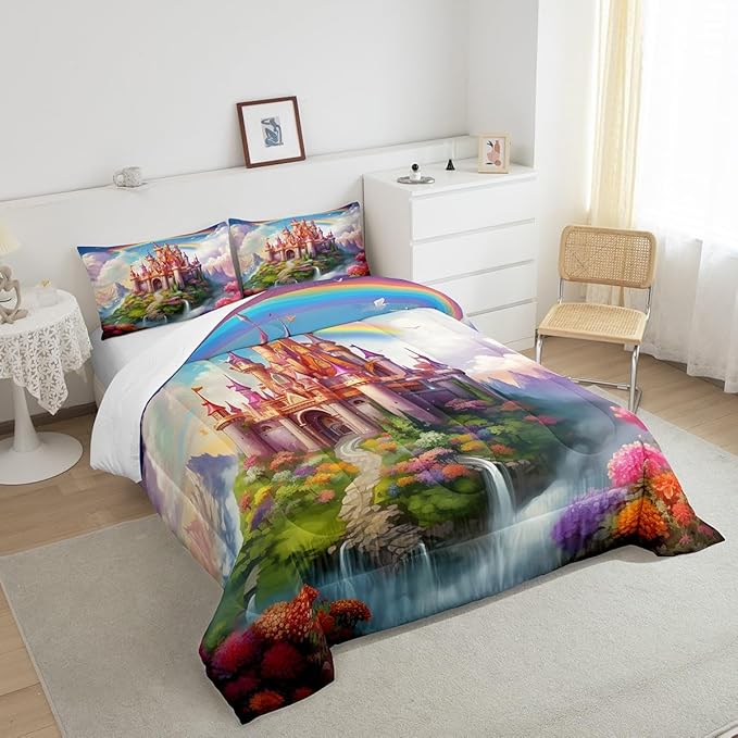 Manfei Castle Girlish Kids Comforter Set King Size,Rainbow Floral Garden Dreamy Bedding Set,Girls Women Room Decor,Princess Theme Romantic Down Comforter,Purple Colorful Duvet Insert,2 Pillowcases