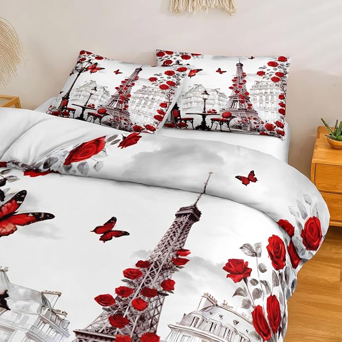 Paris Comforter Set 8 Pcs Red Rose Bedding Set Eiffel Tower Retro France Comforter Red Butterfly Romantic French Bed Comforter King Bed in A Bag