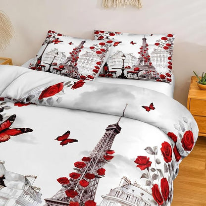 Paris Comforter Set 8 Pcs Red Rose Bedding Set Eiffel Tower Retro France Comforter Red Butterfly Romantic French Bed Comforter Queen Bed in A Bag