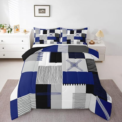 Erosebridal Navy Blue Grey Boys Comforter Set Toddler Black White Abstract Bedding Set for Kids Teen Men Geometric Square Quilt Grids Checkered Duvet Insert Modern Fashion Room Decor 2 Pcs