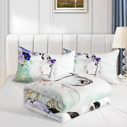 Floral Kid Galloping Horse Comforter Set Queen Animal Theme Handsome Horse Bedding Set Decorated with Green and Gold Leaves for Boys Girls Adult, 1 Comforter + 2 Pillowcases