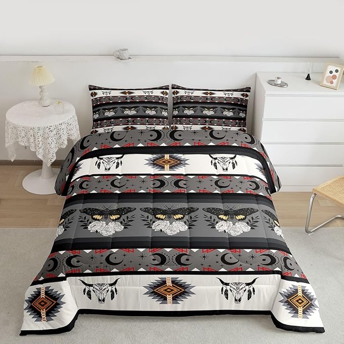 Erosebridal Exotic Moth Queen Comforter Set Bull Skull Quilt for Kids Child Boys Girls,Western Boho Bedding Set Geometric Aztec Decor Western Duvet Insert,Tribe Arrow Bohemian Room Decor Grey