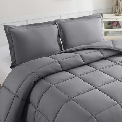 Elegant Comfort 3-Piece Box Stitched Down Alternative Comforter with Shams - Ultra Soft for All Season Duvet Insert with Corner Tabs, Plush Cozy 3PC Comforter Set, California King, Gray