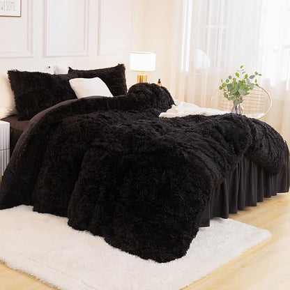 Andency Queen Comforter Set Black, Fluffy Winter Faux Fur Warm Soft Plush Bedding Comforter Set (1 Velvet Comforter & 2 Pillowcases), Fuzzy Thick Heavy Puffy Comforters Bed Set