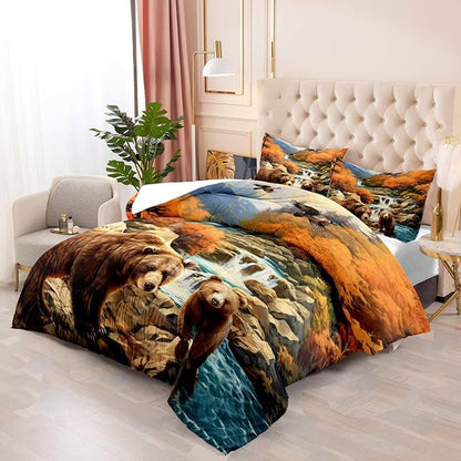 LUVIVIHOME 3PCS Bear Comforter Set Full Size, Mallard Duck Mountain Autumn Forest Woodland Animal Wildlife Country Lodge Rustic Farmhouse Cabin Bedding Sets for Kids Boys Girls, 2 Pillow Shams