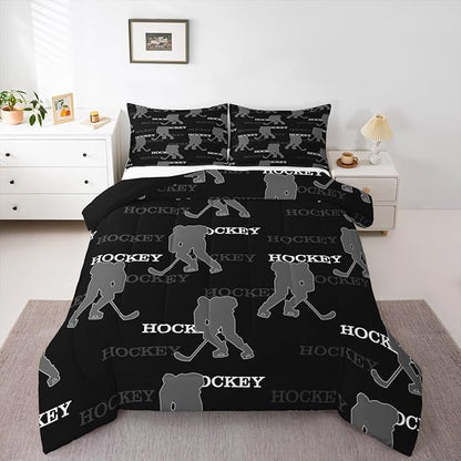 Ice Hockey Kids Bedding Set Queen Size, Comforter Set,Winter Sports Modern Quilt Comforter,Black Gray Bedroom Duvet Insert,2 Pillowcases