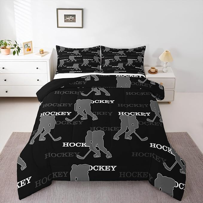 Ice Hockey Comforter Set King Size, Kids Bedding Set,Winter Sports Modern Quilt Comforter,Black Gray Duvet Insert,2 Pillowcases