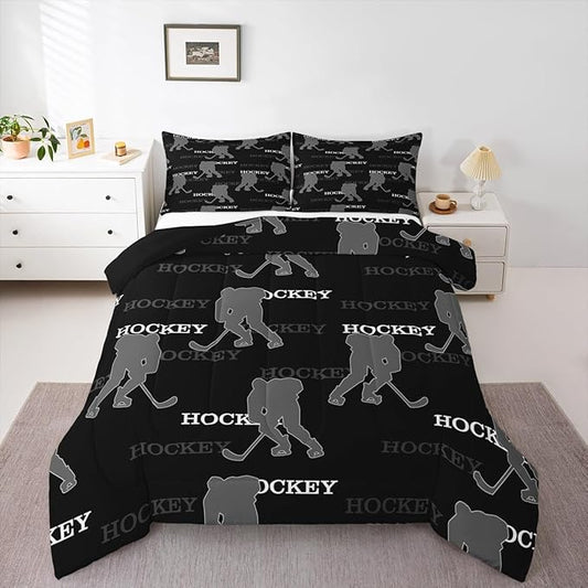 Ice Hockey Comforter Set King Size, Kids Bedding Set,Winter Sports Modern Quilt Comforter,Black Gray Duvet Insert,2 Pillowcases