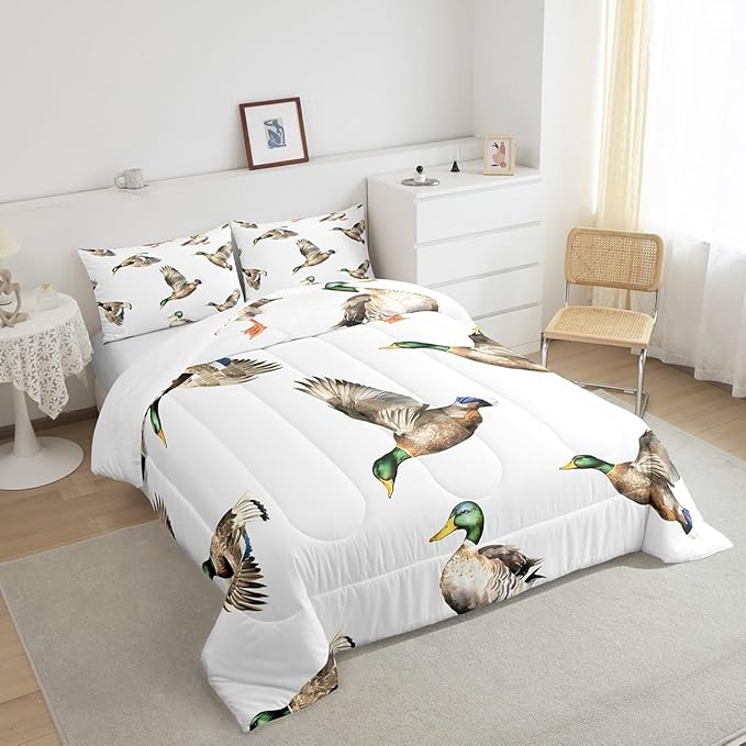 Feelyou Mallard Duck Bedding Set Hunting and Fishing Comforter Set Wild Animal Comforter for Boys Girls Kids Wildlife White Duvet Set Twin Size with 1 Pillow Case
