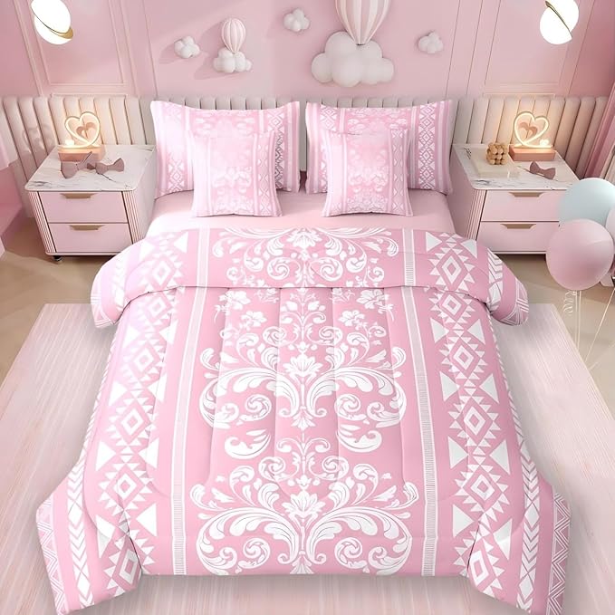 Comforter Set Twin Size, Pink Aztec Damask 7 Pcs Bedding for Kids and Adults, Victorian Decor Western Baroque Goth Floral Bed Sheet Sets with Fitted Sheet 2 Pillowcases & 2 Shams for Bedroom Bed Decor