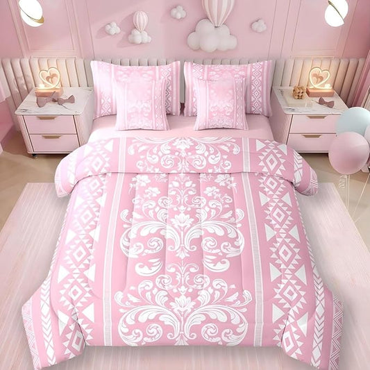 Comforter Set King Size, Pink Aztec Damask 7 Pcs Bedding for Kids and Adults, Victorian Decor Western Baroque Goth Floral Bed Sheet Sets with Fitted Sheet 2 Pillowcases & 2 Shams for Bedroom Bed Decor