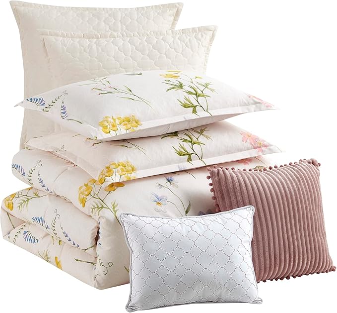 Queen Comforter Set 7 Piece Ultra Soft Fashion Printed Bedding Sets with Shams, Decorative Throw Pillows, and Pillowcases, Queen, Mazie Flowers