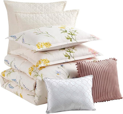 Queen Comforter Set 7 Piece Ultra Soft Fashion Printed Bedding Sets with Shams, Decorative Throw Pillows, and Pillowcases, Queen, Mazie Flowers