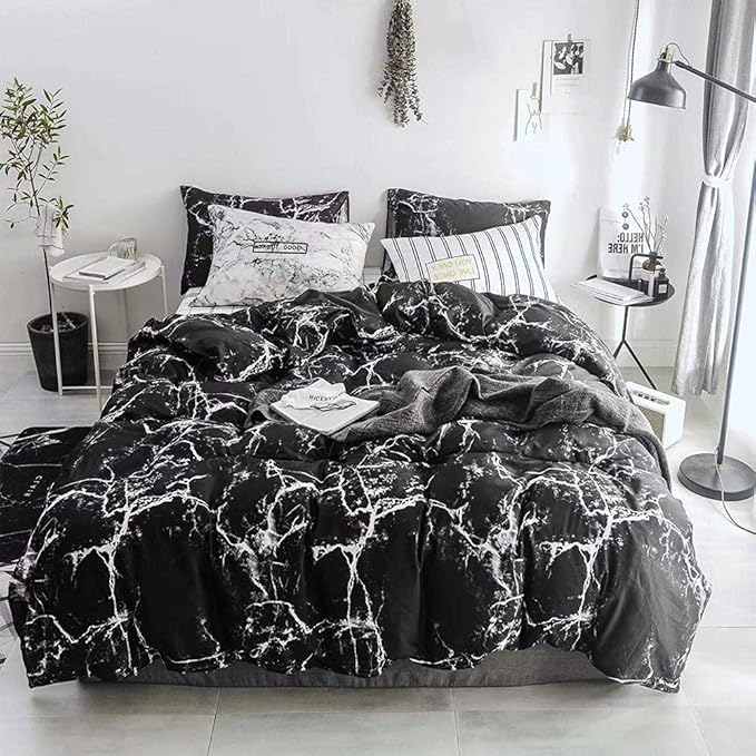 Pureant Black Marble Comforter Sets Full Black and White Marble Bedding Comforters Cotton Women Men Modern Aesthetic Black Quilt Comforter Set Full Size Abstract Black Marble Blankets Full Bedding