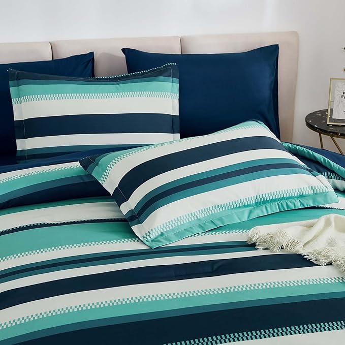 WONGS BEDDING Queen Comforter Set, Teal Comforter Set Queen, 7 Pieces Striped Bed in a Bag, Soft Micorfiber Bedding Set with Comforter, Flat Sheet, Fitted Sheet, Pillow Shams, Pillowcase