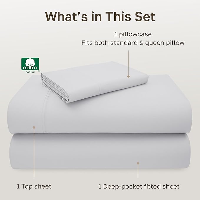 California Design Den Hotel Quality Twin Size Sheets Set - Luxury 600 Thread Count Sateen, Natural 100% Cotton, Fully Elasticized Deep Pocket Twin Sheets Set Cotton, Cool and Durable - Light Silver