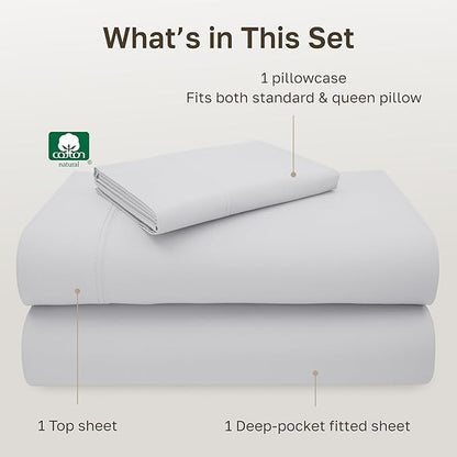 California Design Den Hotel Quality Twin Size Sheets Set - Luxury 600 Thread Count Sateen, Natural 100% Cotton, Fully Elasticized Deep Pocket Twin Sheets Set Cotton, Cool and Durable - Light Silver