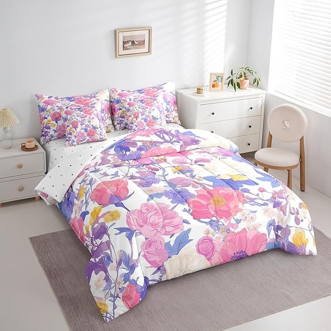 Feelyou Flowers Comforter Set King Size 7 Pieces Floral Botanical Bedding Set for All Season Branches Nature Theme Bed in a Bag with Comforter, Sheets, Pillowcases & Cushion Cover