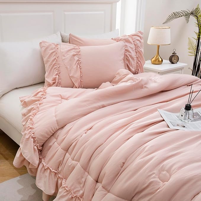 Bedding_Dreamer Ruffle Comforter Set King Shabby Chic Bedding Set 2 Layers Ruffles Home Decor Vintage Farmhouse Soft Down Comforter Blush Pink Quilt Set…