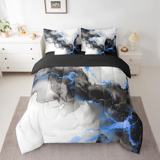 Black and Navy Blue Marbling Bedding Comforter Sets 7 Pieces Aesthetic Marble Bed in a Bag, Watercolor Artwork Full Bedding Sets Abstract Marbling Comforter Set, Mountain Fluid Bedding Sets