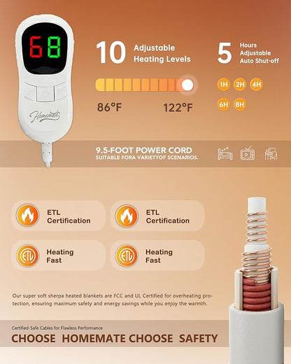 Homemate Heated Blanket Electric Throw - 50"x60" Heating Blanket Throw 1/2/4/6/8 Hours Auto-Off 10 Heat Levels Over-Heat Protection Luxury 800 GSM Faux Fur 200 GSM Sherpa ETL Certification