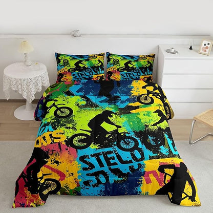 Erosebridal Boys Dirt Bike Comforter Set Queen Size Skateboard Bedding Set Motorcycle Motocross Duvet Set Extreme Sports Game Quilt Set Hip Hop Colorful Comforter Set for Kids Teens Adult